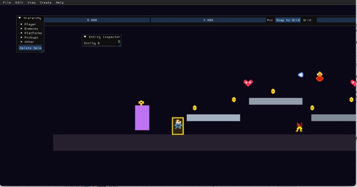 Whiskers platformer demo with ImGui editor overlay: hierarchy, entity inspector, and in-viewport selection.